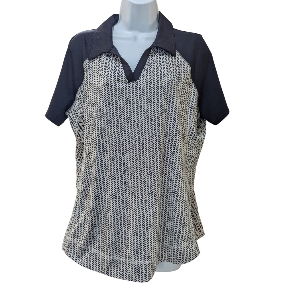 Jofit Womens Golf Polo Shirt Navy Blue Herringbone Chevron Short Sleeve V-Neck L